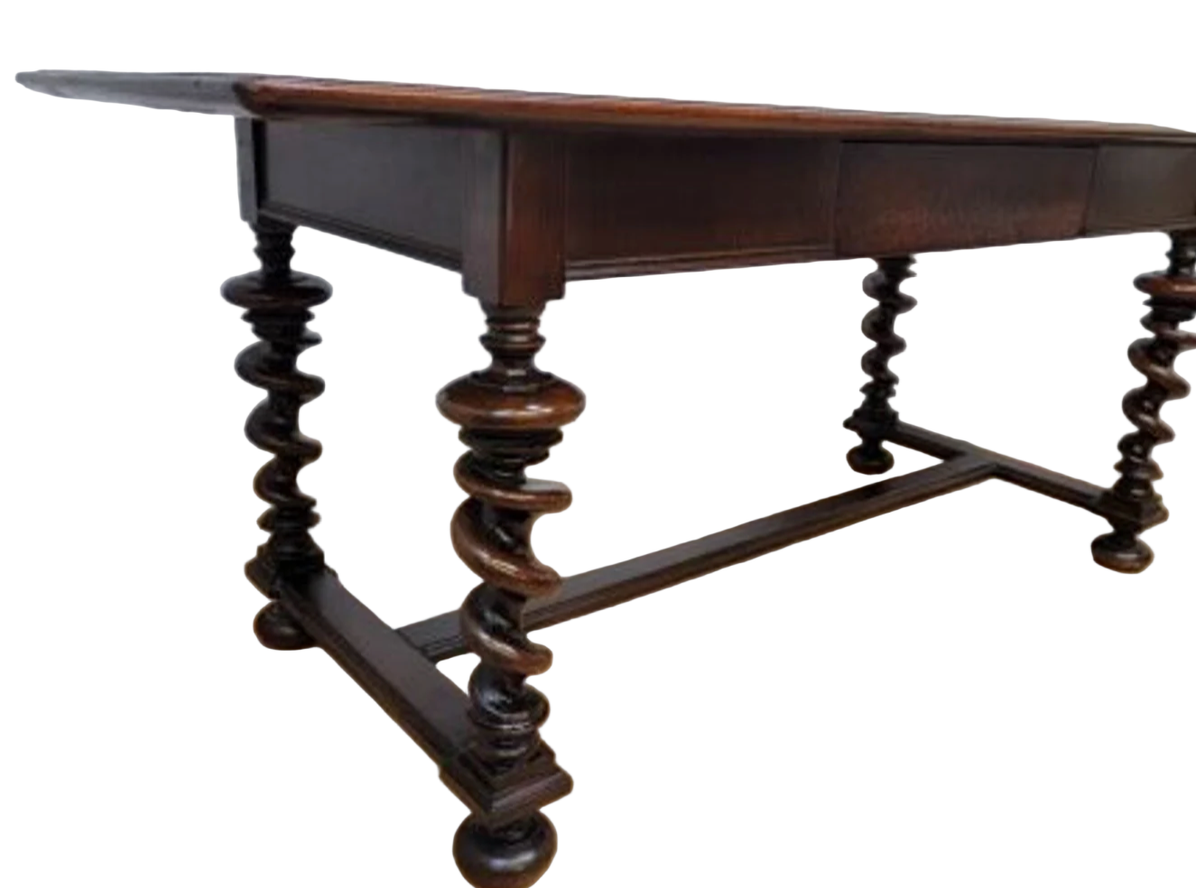 Antique Jacobean Revival Style Mahogany Carved Barley Twist Single Drawer Desk with Carved Barley Twist High Back Chair
