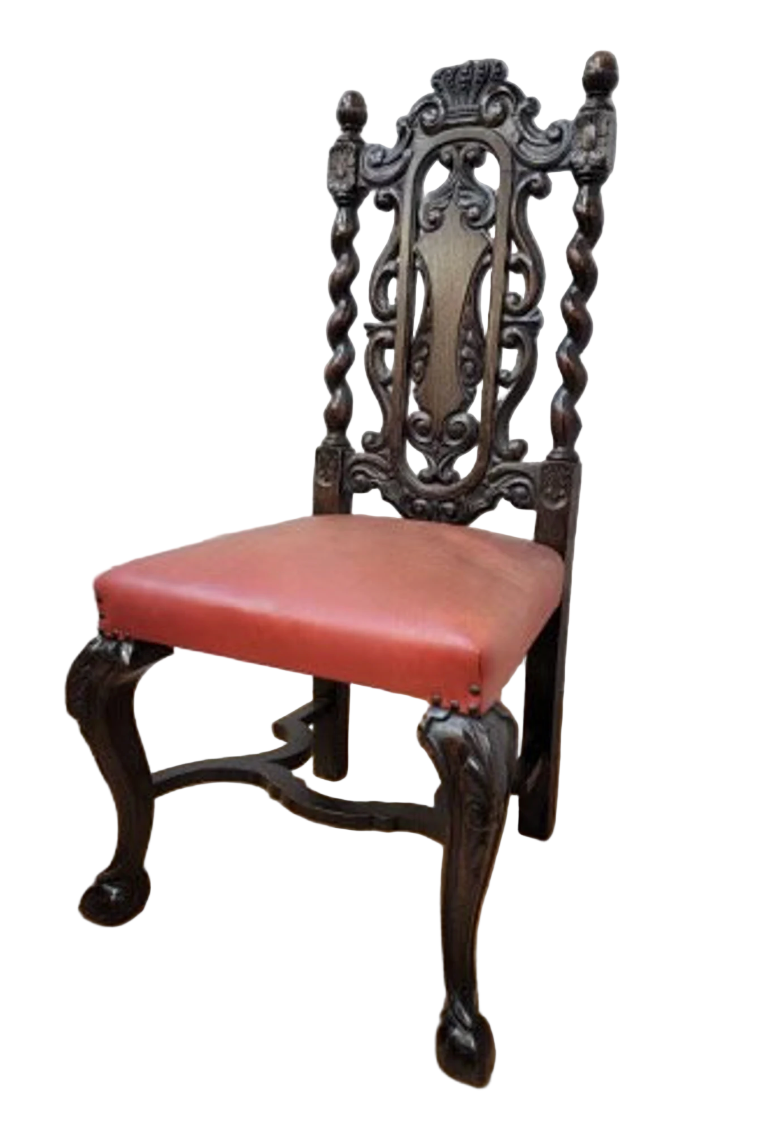 Antique Jacobean Revival Style Mahogany Carved Barley Twist Single Drawer Desk with Carved Barley Twist High Back Chair