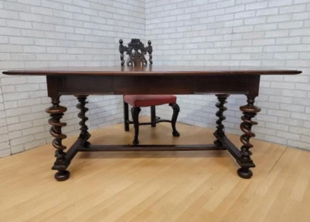 Antique Jacobean Revival Style Mahogany Carved Barley Twist Single Drawer Desk with Carved Barley Twist High Back Chair