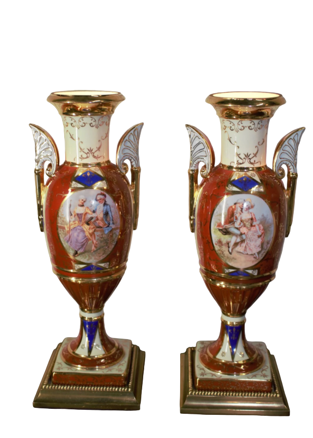Antique French Sevres Style Hand Painted Porcelain and Brass Electrified Urns Table Lamps - Pair