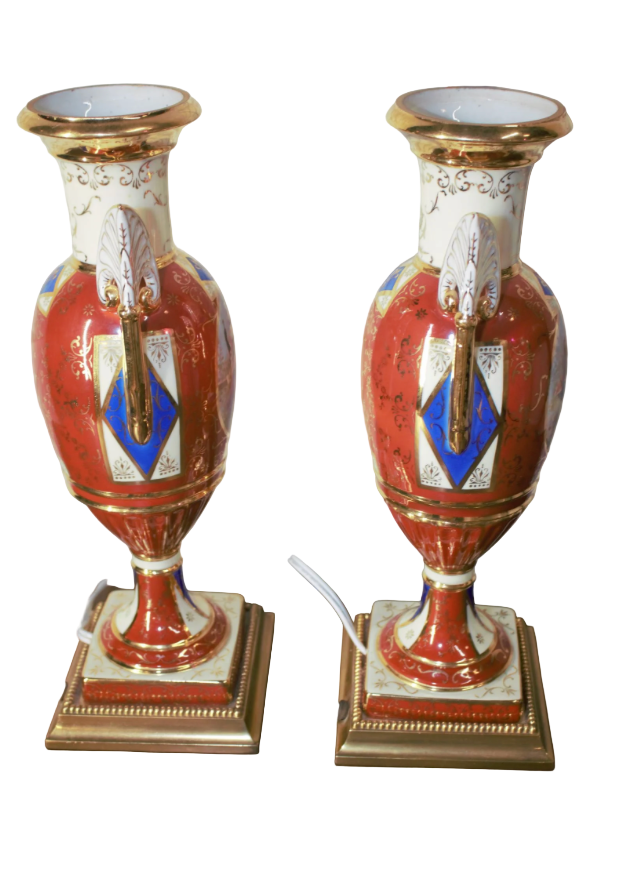 Antique French Sevres Style Hand Painted Porcelain and Brass Electrified Urns Table Lamps - Pair