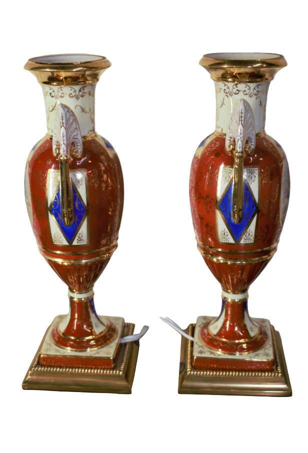 Antique French Sevres Style Hand Painted Porcelain and Brass Electrified Urns Table Lamps - Pair
