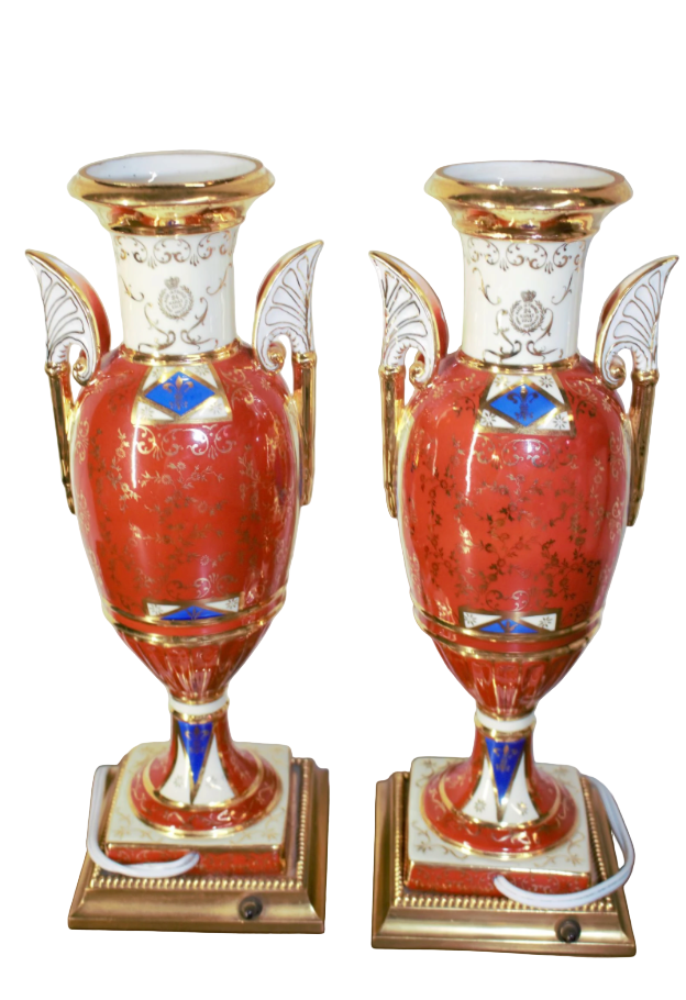 Antique French Sevres Style Hand Painted Porcelain and Brass Electrified Urns Table Lamps - Pair