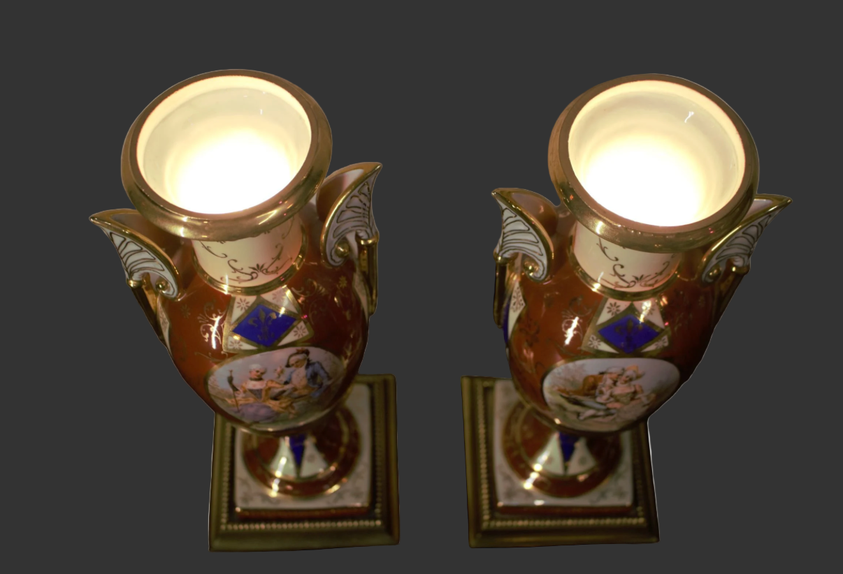Antique French Sevres Style Hand Painted Porcelain and Brass Electrified Urns Table Lamps - Pair
