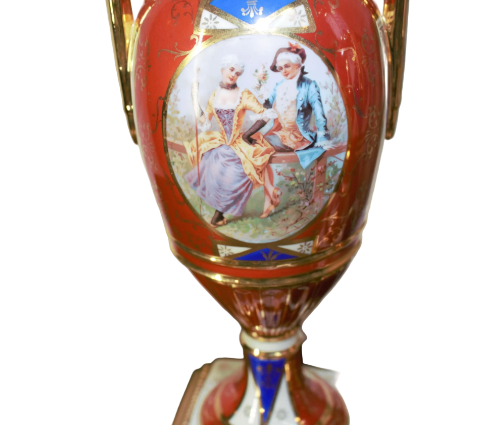 Antique French Sevres Style Hand Painted Porcelain and Brass Electrified Urns Table Lamps - Pair