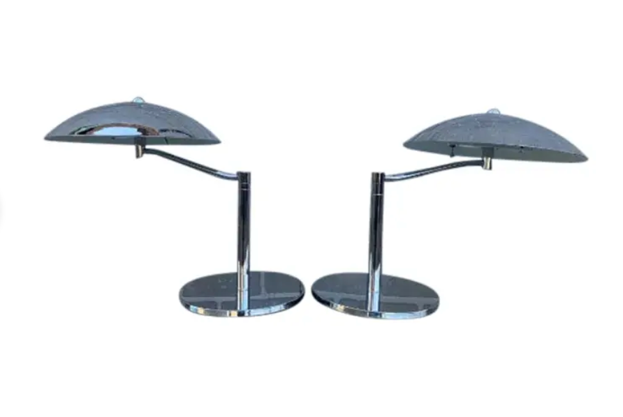 Mid Century Modern Retro Swiss Chrome Plated Flying Saucer Table Lamps - Pair