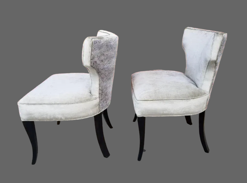 Mid Century Modern T Back Ebonized Cabriole Legs Side Chairs Newly Reupholstered - Pair