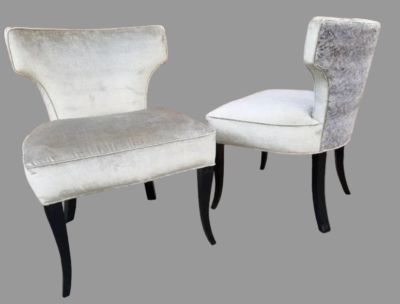 Mid Century Modern T Back Ebonized Cabriole Legs Side Chairs Newly Reupholstered - Pair