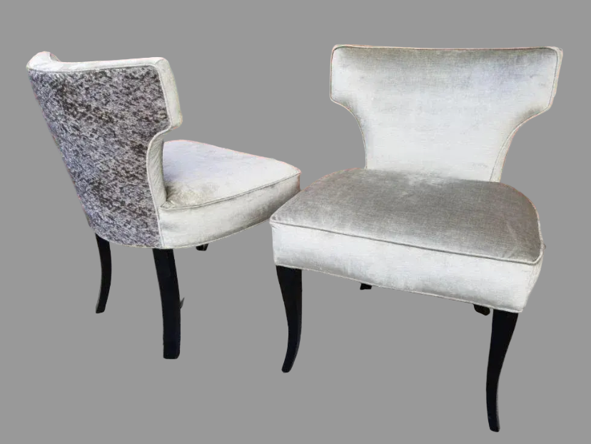 Mid Century Modern T Back Ebonized Cabriole Legs Side Chairs Newly Reupholstered - Pair