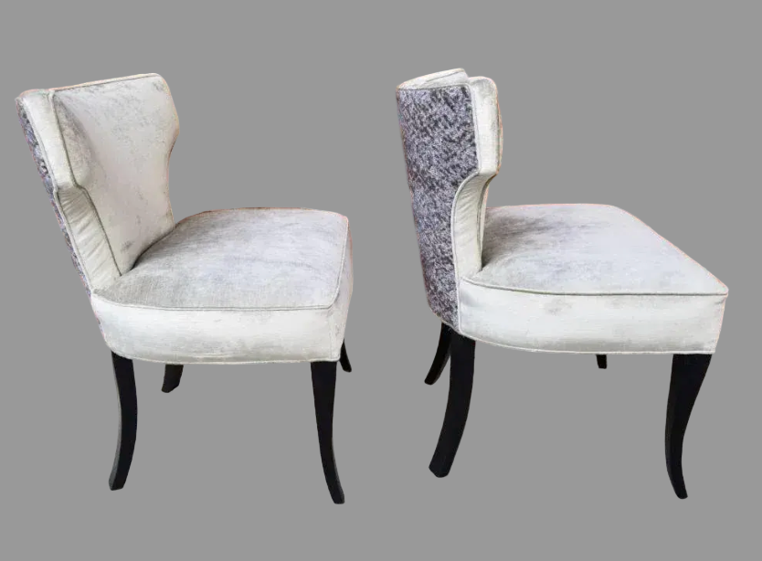 Mid Century Modern T Back Ebonized Cabriole Legs Side Chairs Newly Reupholstered - Pair