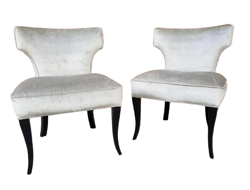 Mid Century Modern T Back Ebonized Cabriole Legs Side Chairs Newly Reupholstered - Pair