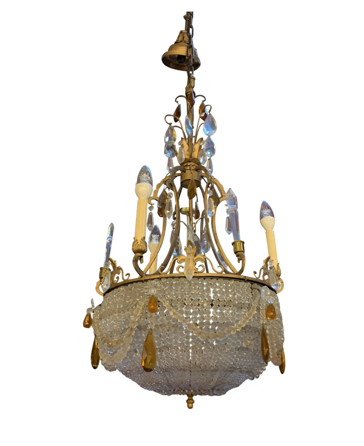 Antique French Empire Style Crystal Basket Chandelier
