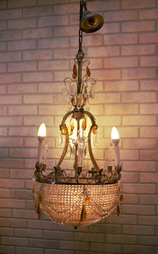 Antique French Empire Style Crystal Basket Chandelier