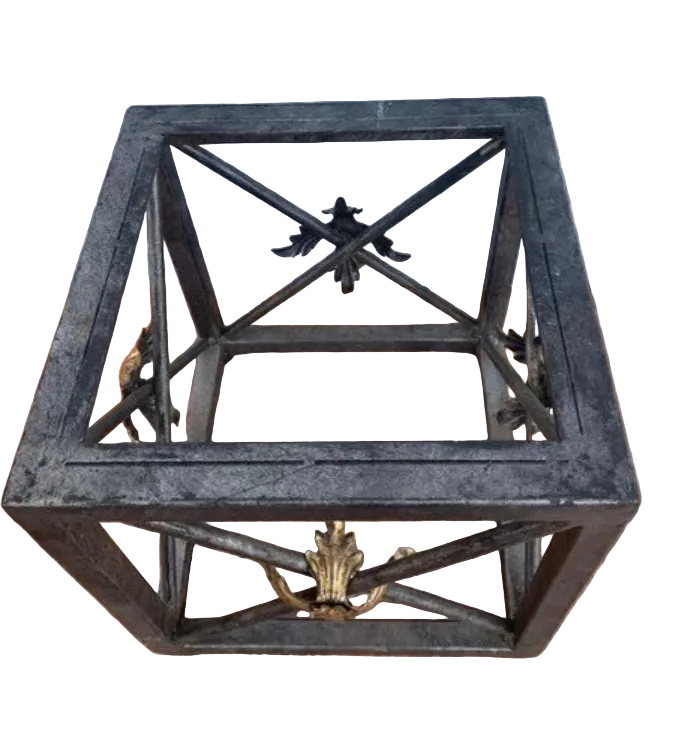 French Wrought Iron Cube Side Tables with Gilded Fleur-de-Lis Floral Motifs – Pair