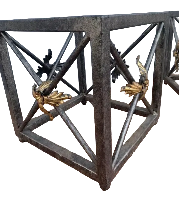 French Wrought Iron Cube Side Tables with Gilded Fleur-de-Lis Floral Motifs – Pair