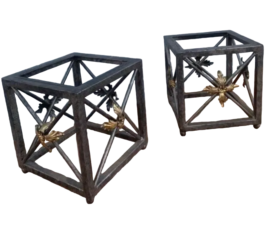 French Wrought Iron Cube Side Tables with Gilded Fleur-de-Lis Floral Motifs – Pair