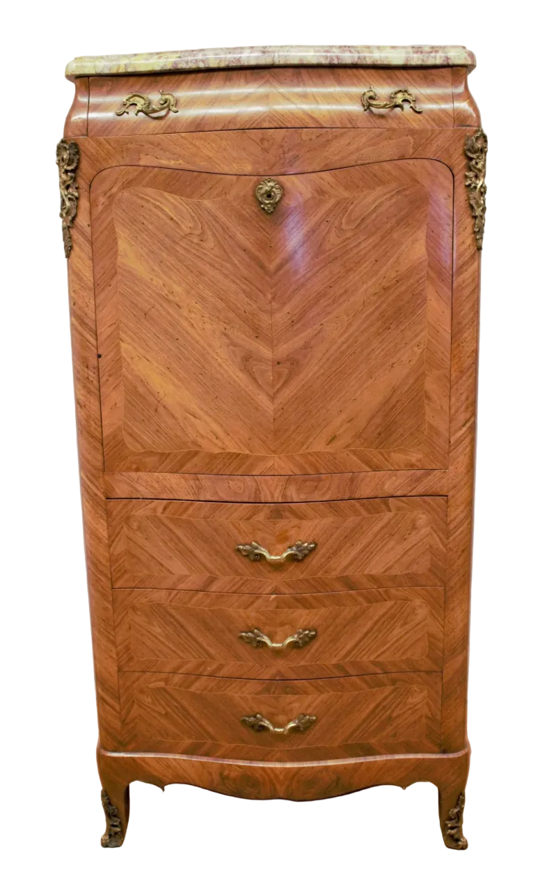 French Louis XV Revival Marquetry Fall-Front Secretary Desk with Marble Top