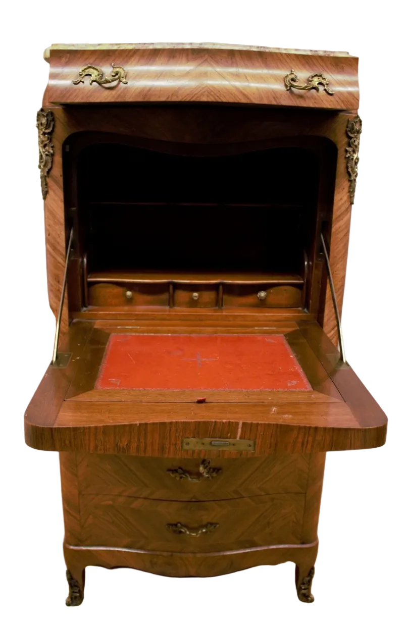 French Louis XV Revival Marquetry Fall-Front Secretary Desk with Marble Top