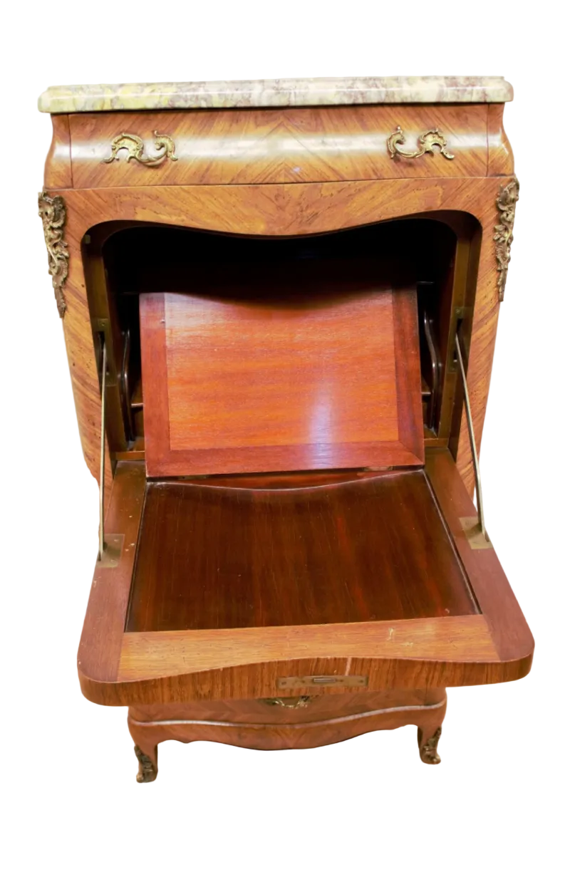 French Louis XV Revival Marquetry Fall-Front Secretary Desk with Marble Top