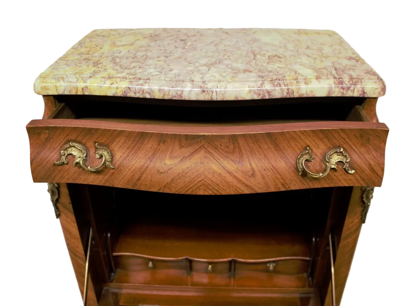 French Louis XV Revival Marquetry Fall-Front Secretary Desk with Marble Top