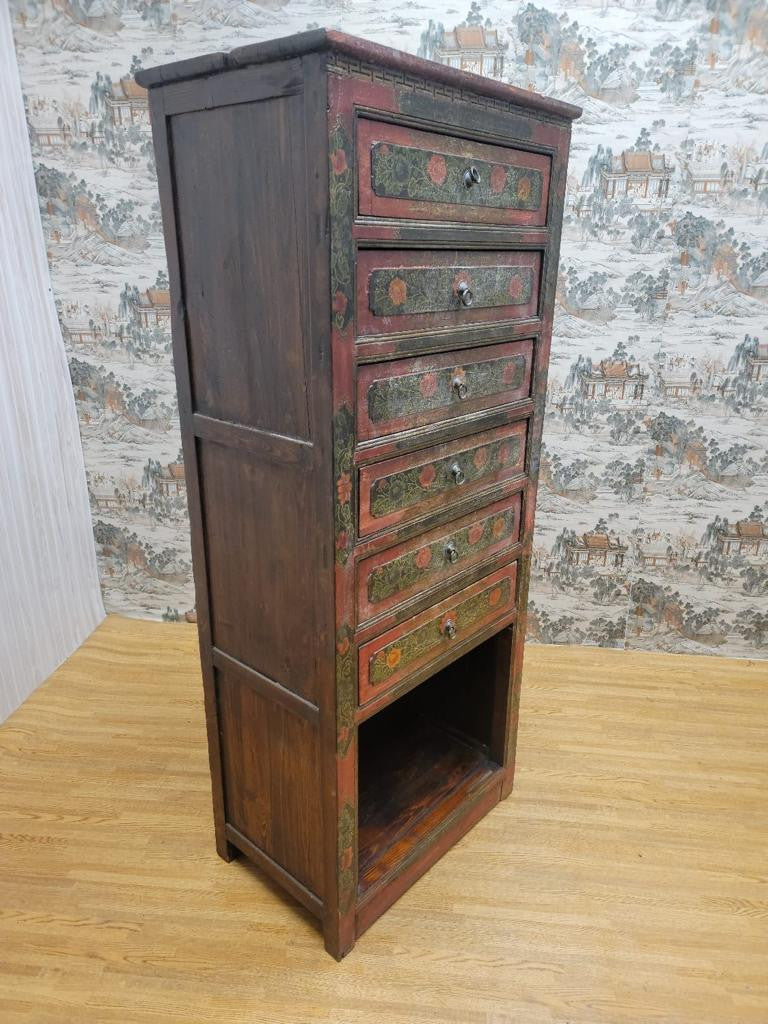 Antique Hand Painted Tibetan Cabinet with Drawers and Display Shelf