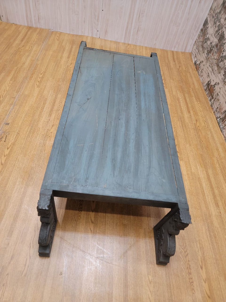 Vintage Shanxi Province Slate Elmwood Coffee Table with Carved Legs