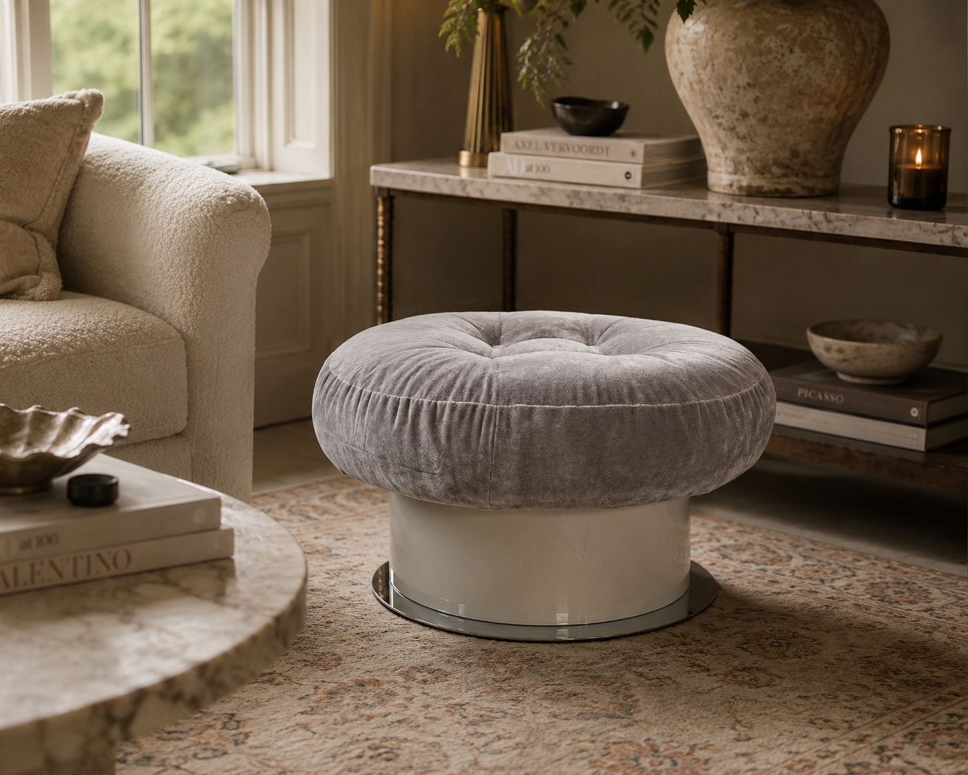 MCM Tufted Velvet Ottoman