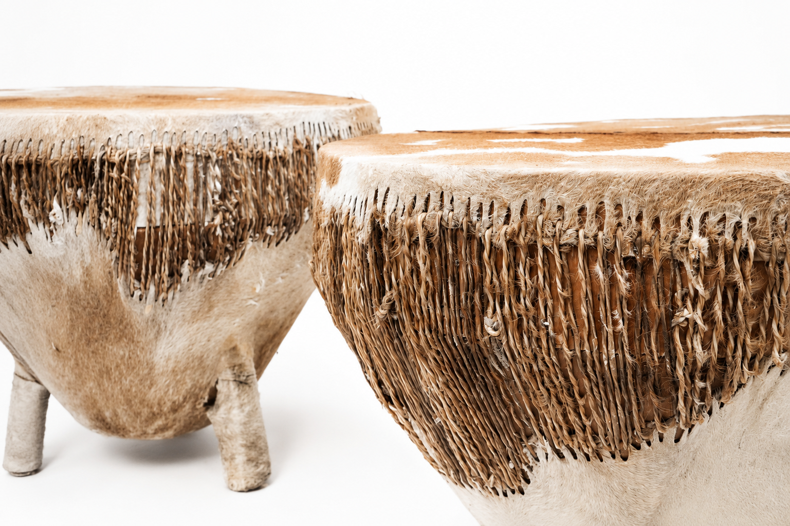 Vintage African Tribal Cowhide Drum Side Tables - Set of 2