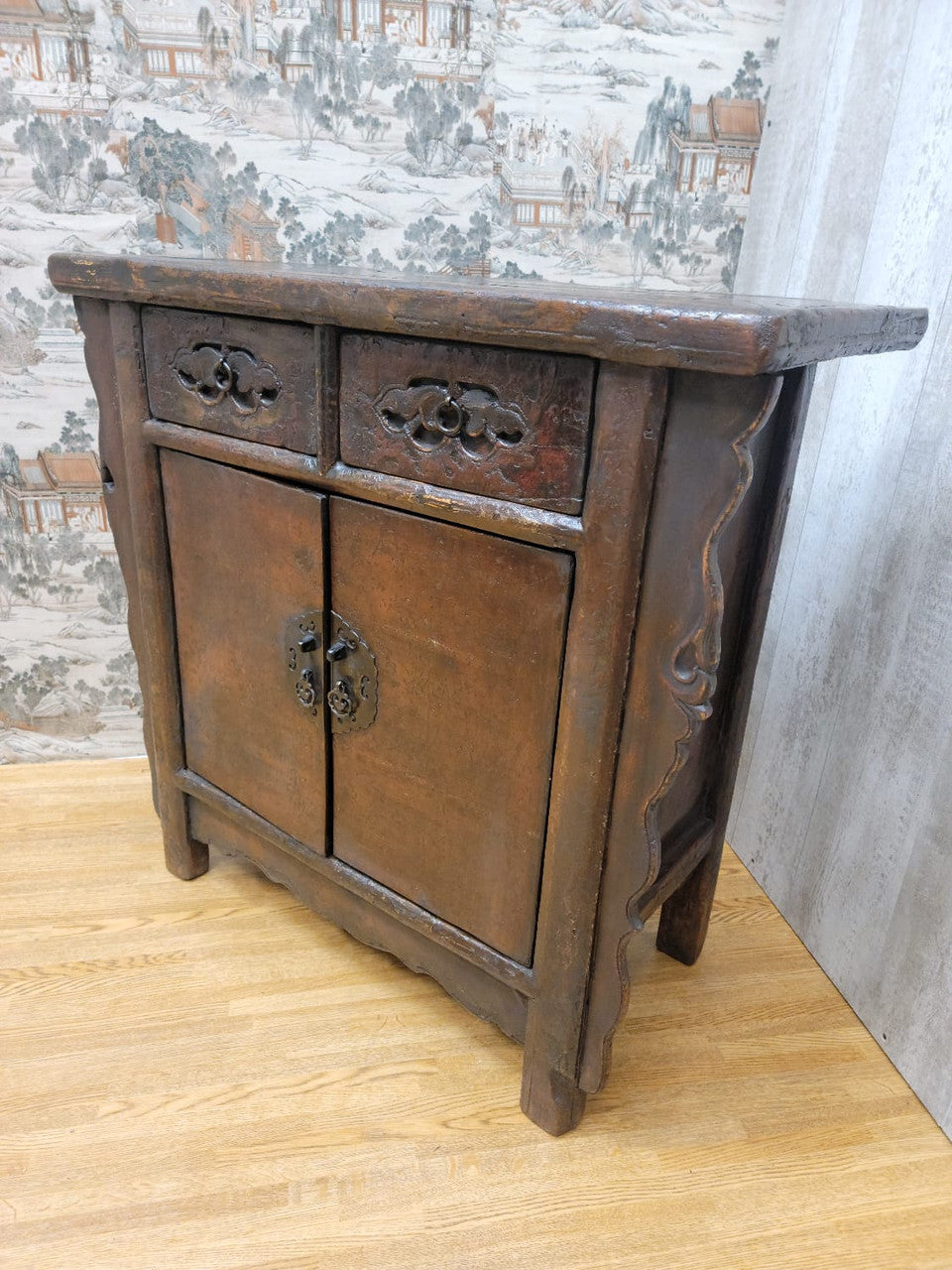 Antique Shanxi Province Small Winged Elmwood Cabinet