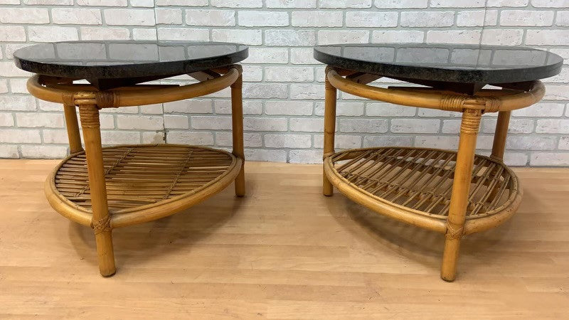 Vintage Paul Frankl Style Coastal Rattan Side Tables - Pair