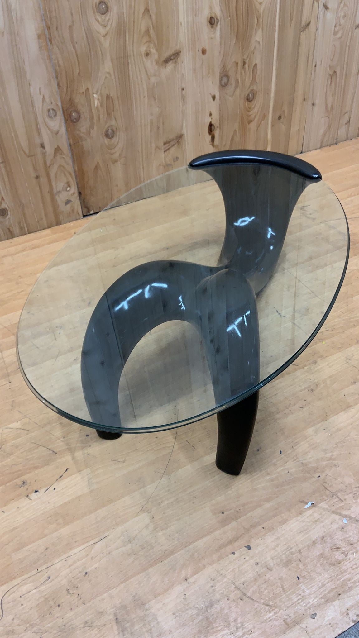 Mid Century Modern Black Abstract Fiberglass Sculptural Base Oval Glass Top Coffee Table