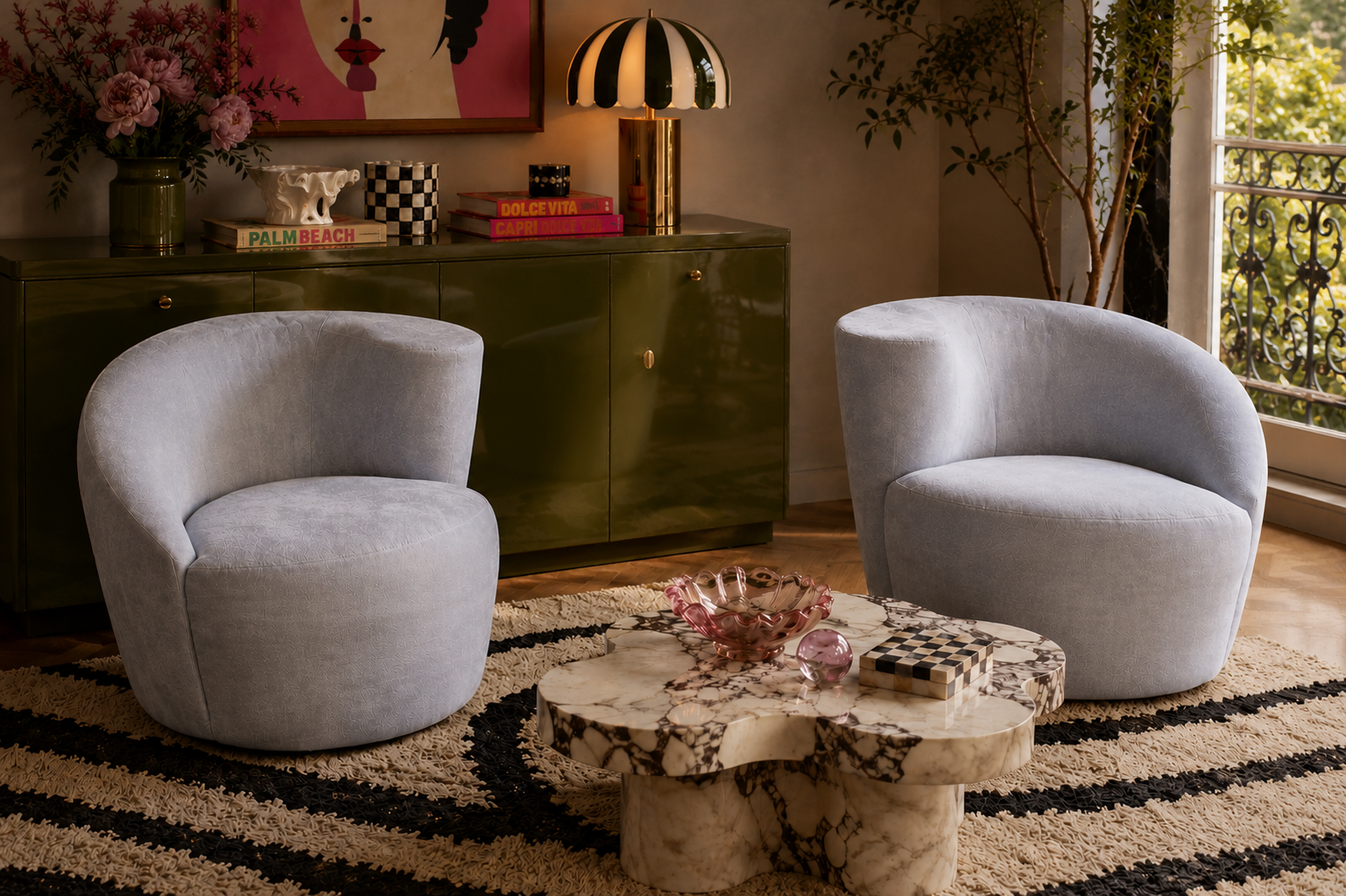 MCM Vladimir Kagan Nautilus Asymmetrical Swivel Lounge Chairs - Pair