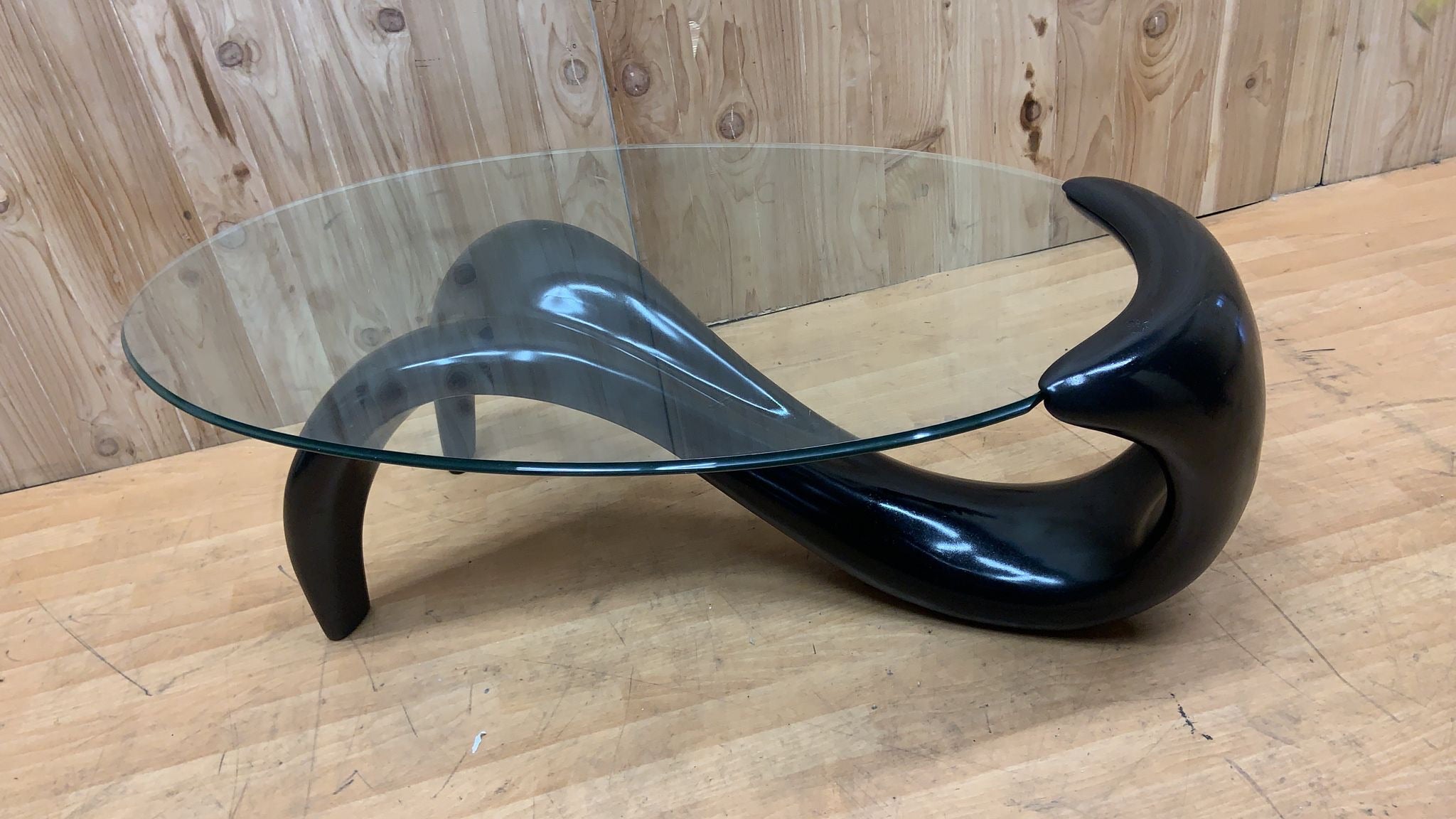 Mid Century Modern Black Abstract Fiberglass Sculptural Base Oval Glass Top Coffee Table