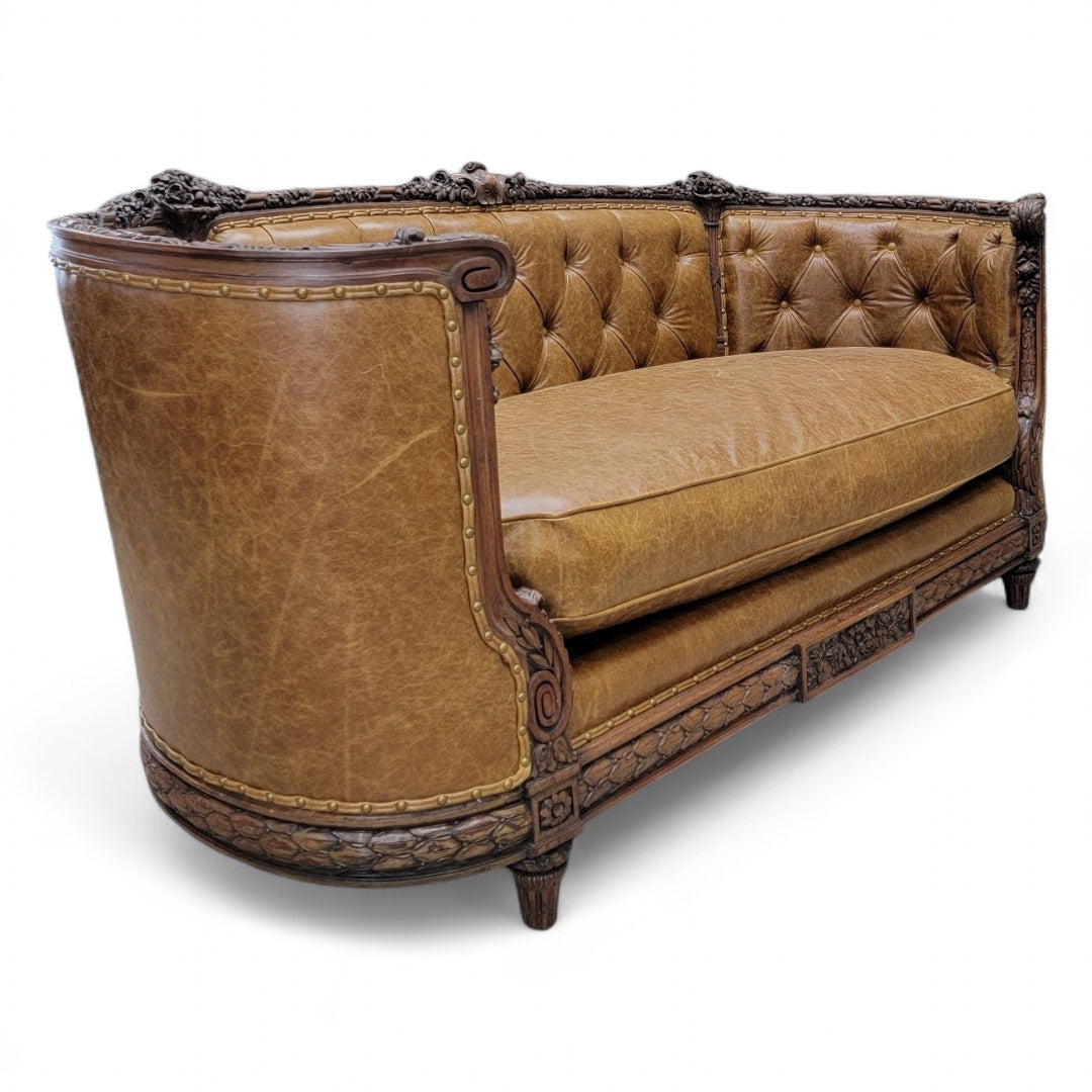 Antique French Regency Mahogany Carved and Curved Sofa Newly Reupholstered in Leather