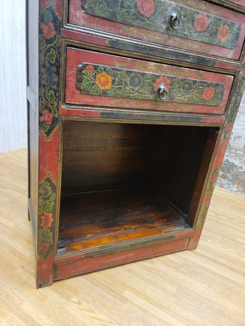 Antique Hand Painted Tibetan Cabinet with Drawers and Display Shelf