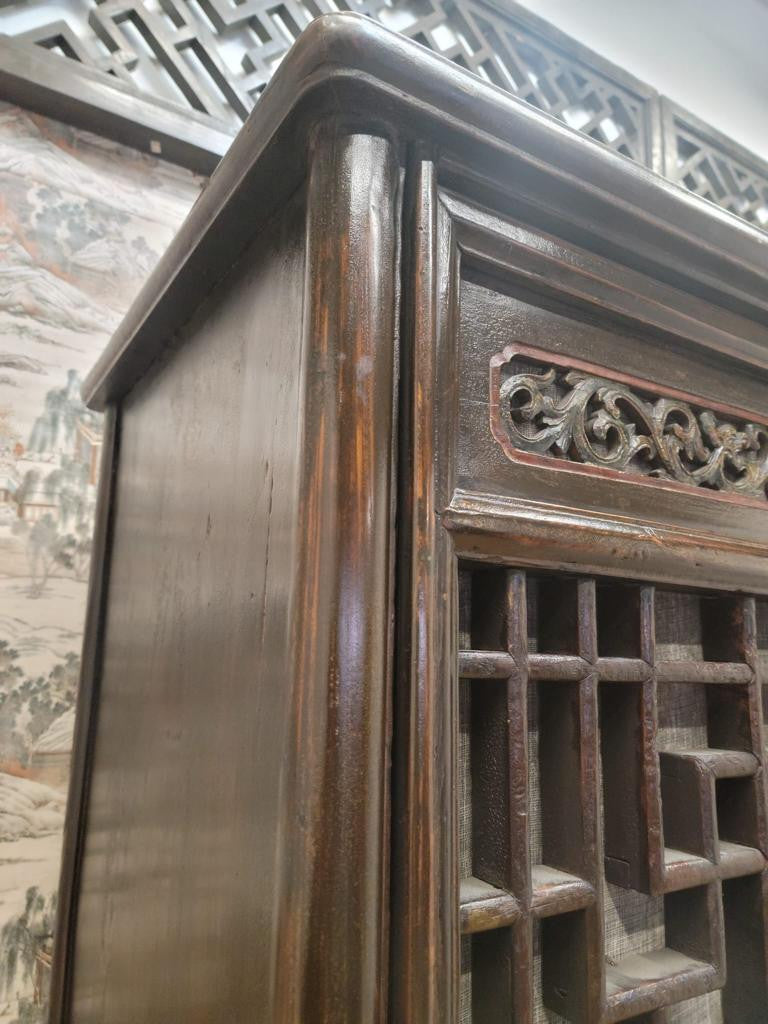 Antique Shanxi Province Elmwood Lattice Carved Door Panel Cabinet