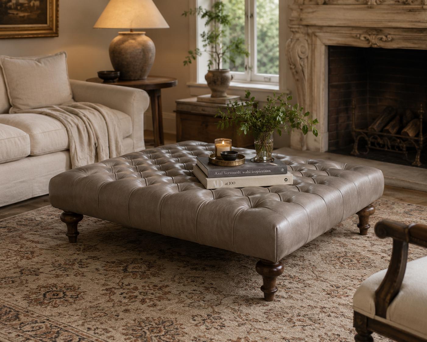 Vintage Chesterfield Style Tufted Gray Leather Ottoman