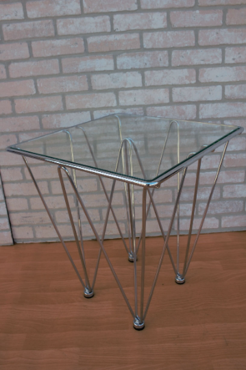 Mid Century Modern Geometric Inverted Pyramidal Chrome Base Glass Top Cocktail Side Table In the Style of Paolo Piva