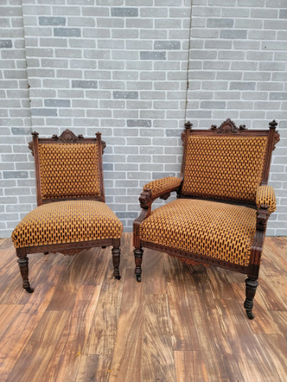 Antique Renaissance Revival Figural Hand Carved Walnut Framed Parlor Chairs Newly Upholstered - Set of 2