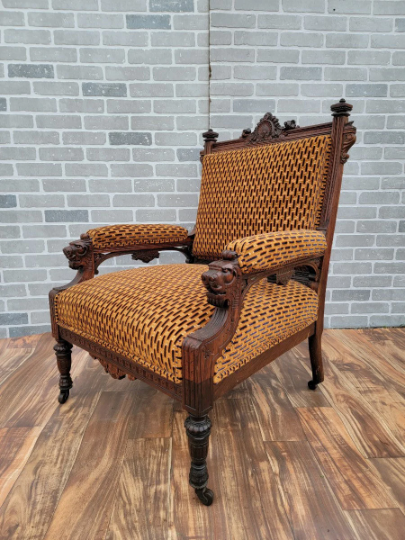Antique Renaissance Revival Figural Hand Carved Walnut Framed Parlor Chairs Newly Upholstered - Set of 2