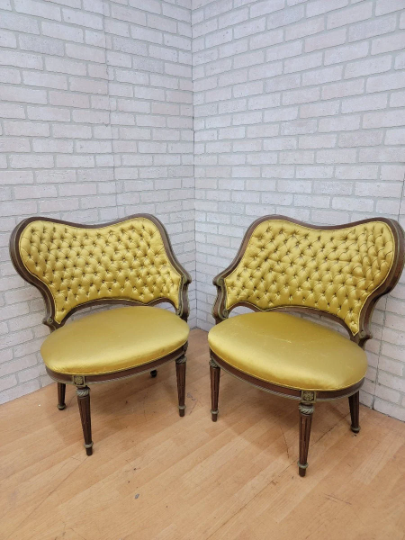 Antique Hollywood Regency Grosfeld House Asymmetrical Tufted Boudoir Chairs in Golden-Mustard Colored Silk - Pair