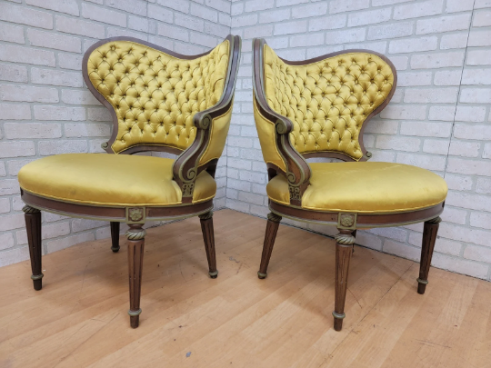 Antique Hollywood Regency Grosfeld House Asymmetrical Tufted Boudoir Chairs in Golden-Mustard Colored Silk - Pair