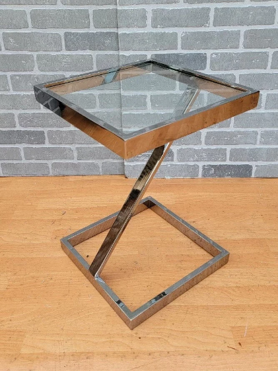 Mid Century Modern Pace Collection Z Side End Table in Chrome and Glass