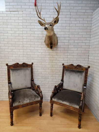 Antique Italian Renaissance Revival Hand-Carved Mahogany Figural Swan-Wing Throne Chairs