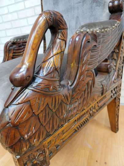 Antique Italian Renaissance Revival Hand-Carved Mahogany Figural Swan-Wing Throne Chairs