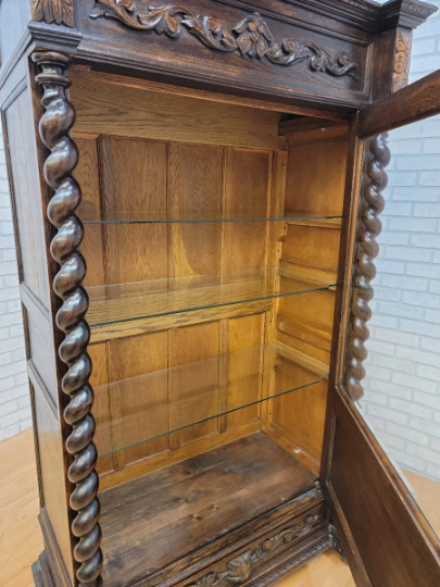 Antique French Renaissance Barley Twist Single Door Beveled Glass-Front Bookcase