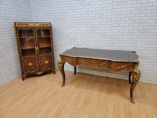 Vintage French Provincial Louis XV Style Bureau Plat Desk and French Transition Style Display Cabinet - Set of 2