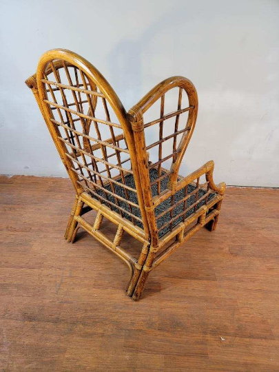 Mid Century Modern Rattan Wicker and Bamboo Framed Wingback Chair and Ottoman - 2 Piece Set