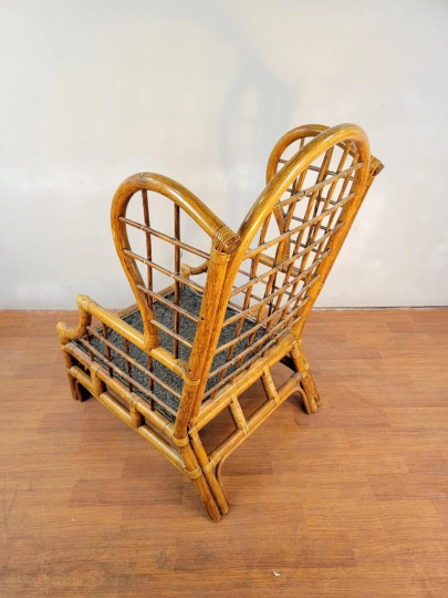 Mid Century Modern Rattan Wicker and Bamboo Framed Wingback Chair and Ottoman - 2 Piece Set