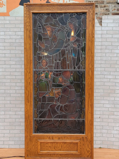 Antique Enclosed Free Standing Light Box with Stained Glass Church Window with Religious Scene